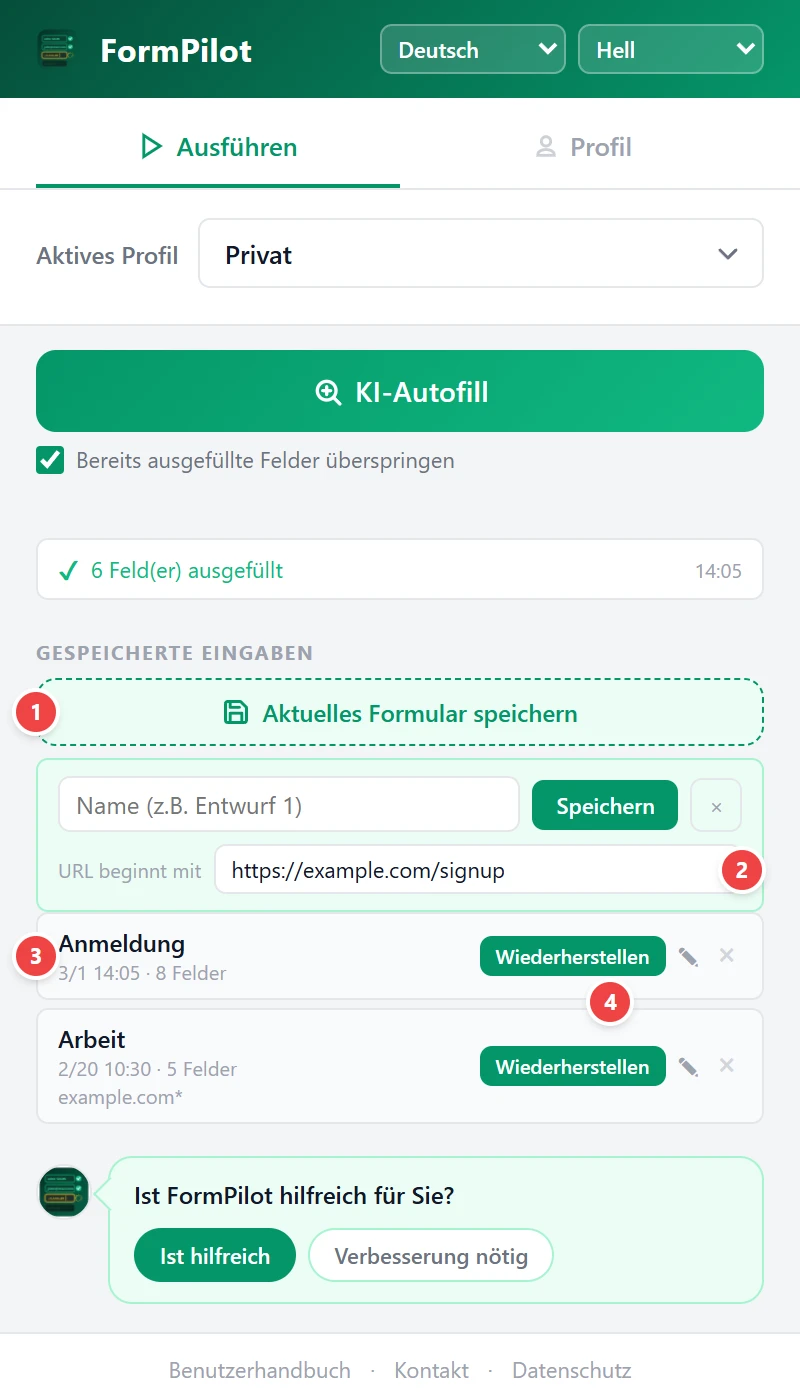 Formulardaten speichern und wiederherstellen