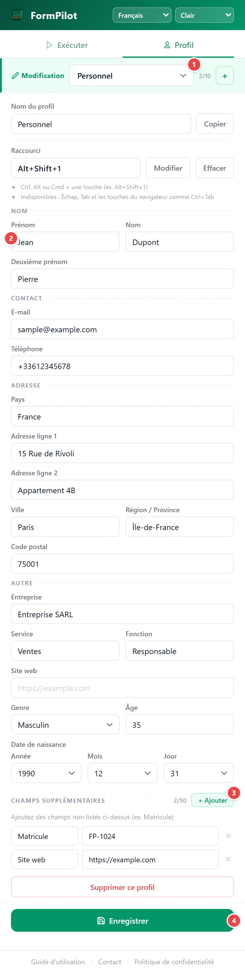Enregistrer un profil