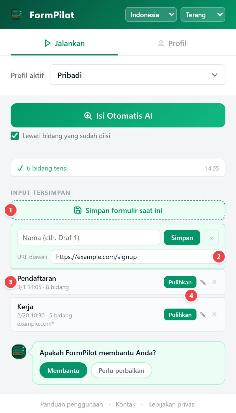 Simpan & Pulihkan Data Formulir