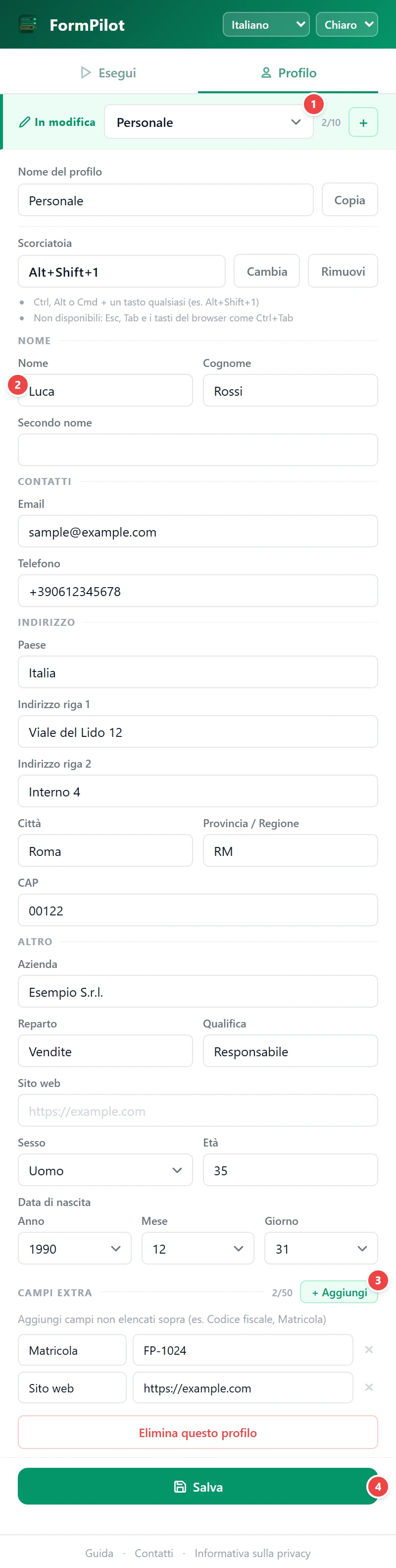 Salva un profilo
