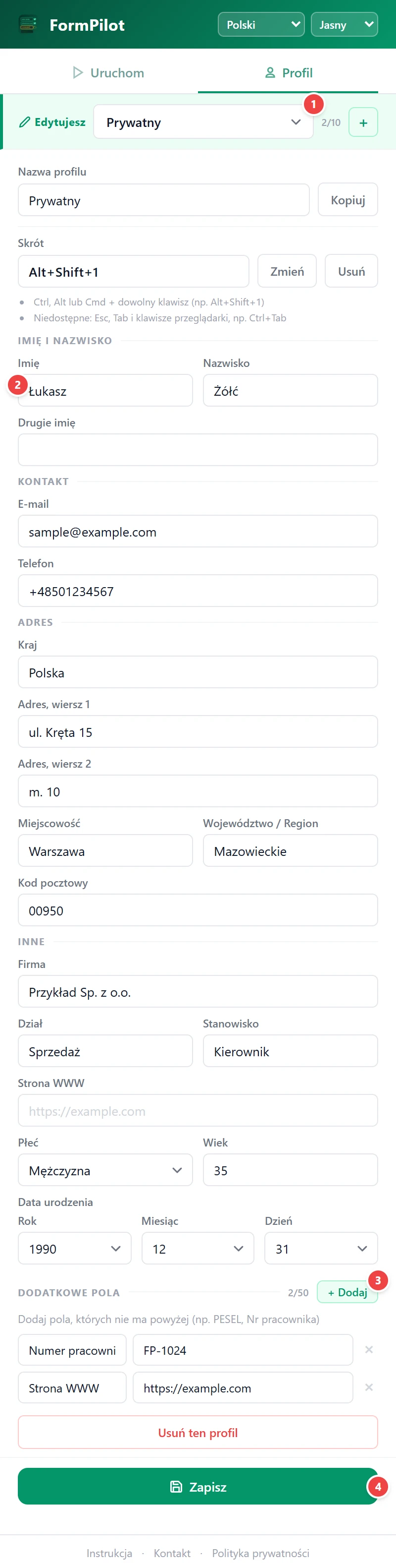 Zapisz profil