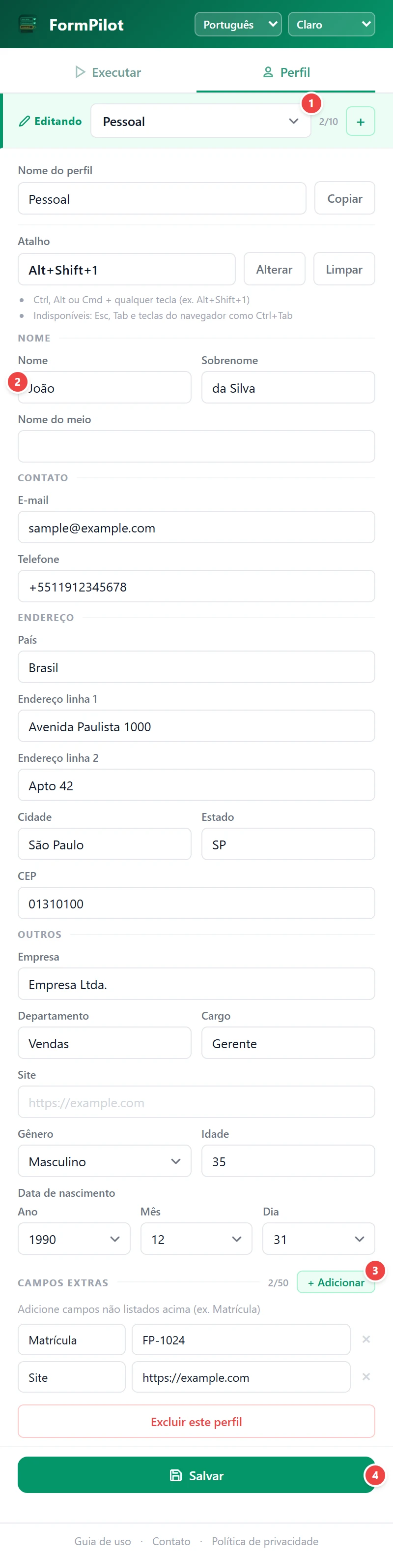 Registrar um perfil
