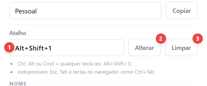 Atalhos de teclado