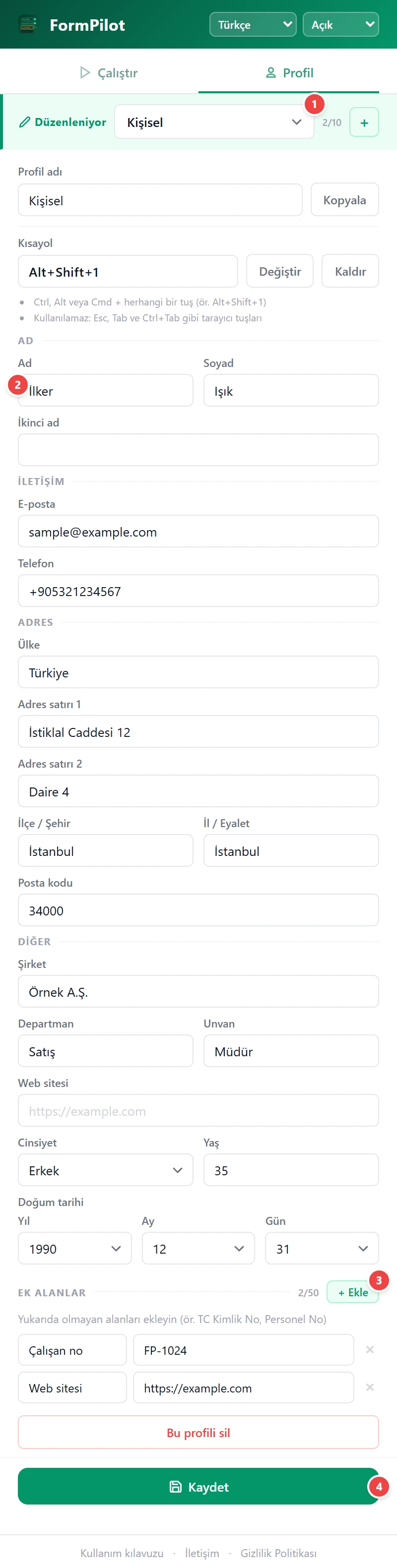 Profil kaydet