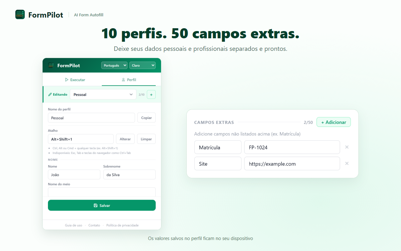10 perfis. 50 campos extras.